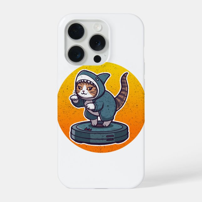 Funny Shark Cat On Robot Vacuum Retro Meme Art iPhone Case (Back)