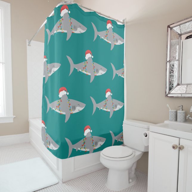 Funny Shark Christmas Shower Curtain (In Situ)