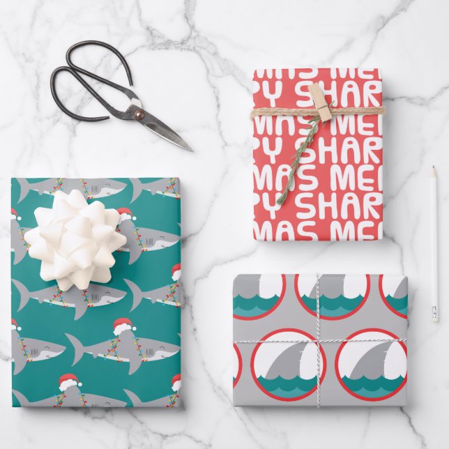 Funny Shark Christmas Wrapping Paper Sheet Set (Front)