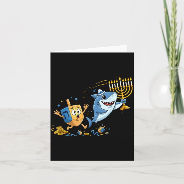 Funny Shark Dreidel Menorah Hanukkah Kids Womens M Card (Front)