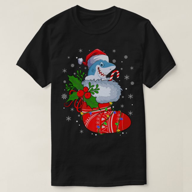 Funny Shark Fish In Christmas Socks Santa Shark Xm T-Shirt (Design Front)