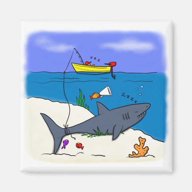 Funny shark fishing cartoon refrigerator magnet (Front)