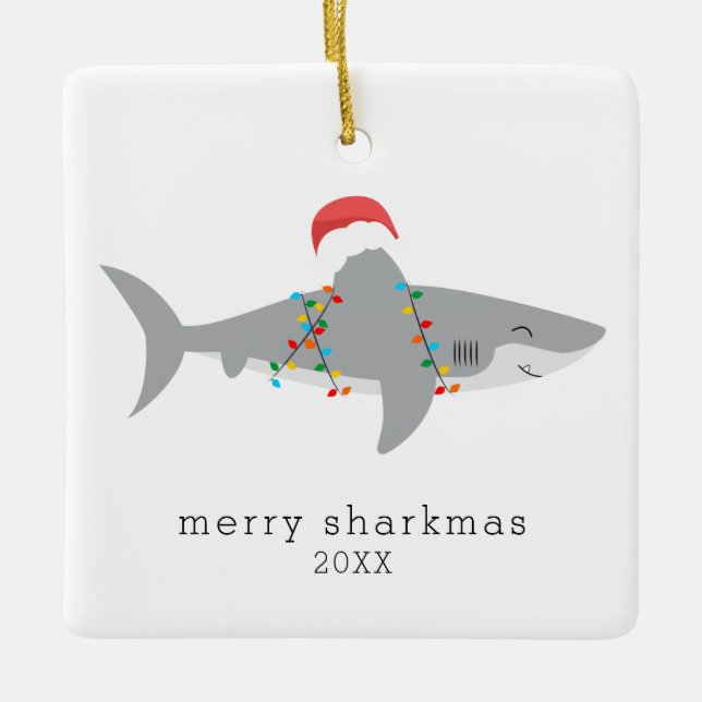 Funny Shark Merry Sharkmas Photo Ceramic Ornament (Front)