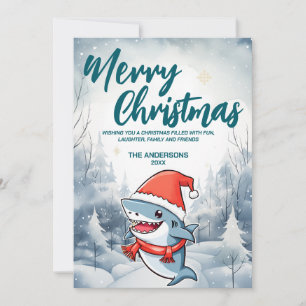 Funny Shark Merry Xmas tree snow Holiday party Card