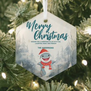 Funny Shark Merry Xmas tree snow Holiday party Glass Tree Decoration
