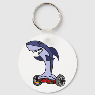 Funny Shark on Red Hoverboard Key Ring