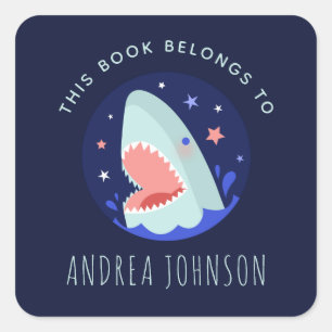 Funny Shark & Stars Navy Blue Nautical Bookplate Square Sticker