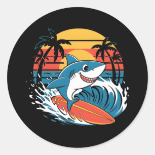 Funny Shark Surfing Beach Surfing Classic Round Sticker