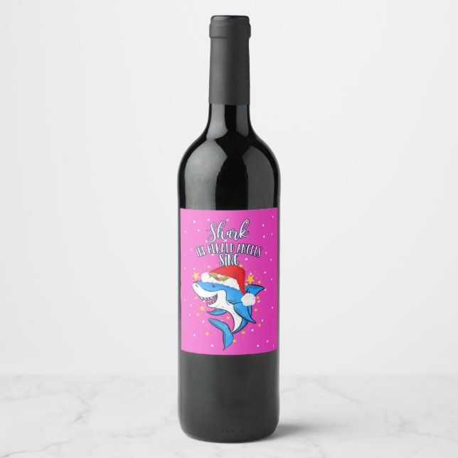 funny Shark the herald angel sing christmas card Wine Label (Front)