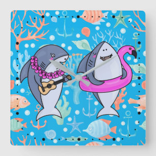 Funny Shark Undersea Coral Party Ukulele Square Wall Clock
