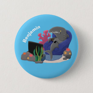 Funny shark watching TV cartoon 6 Cm Round Badge