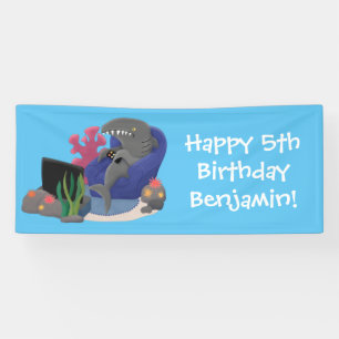 Funny shark watching TV cartoon Banner