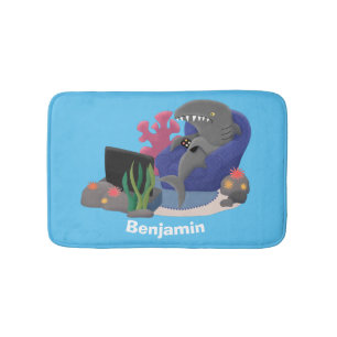 Funny shark watching TV cartoon Bath Mat
