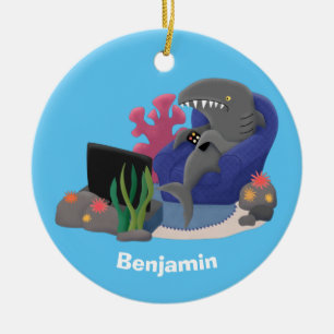 Funny shark watching TV cartoon Ceramic Tree Decoration