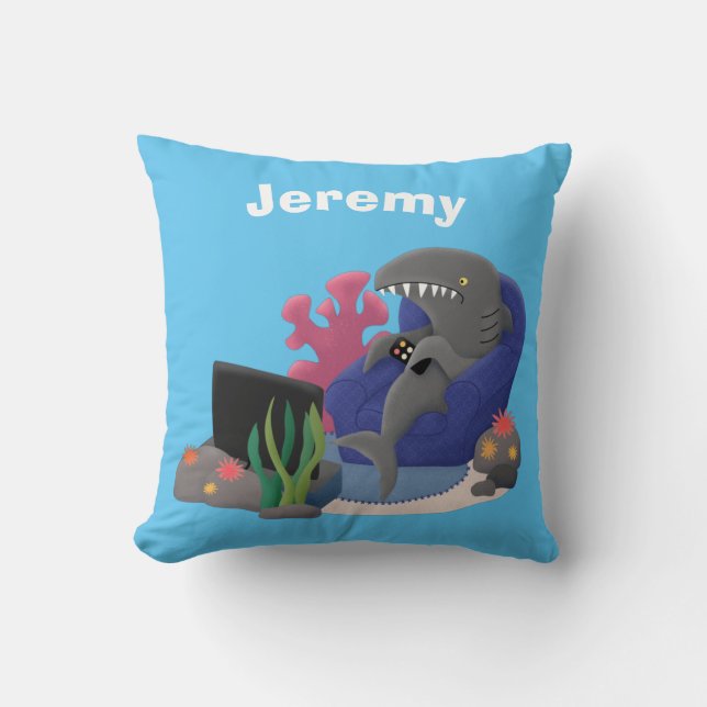 Funny shark watching TV cartoon Cushion (Front)