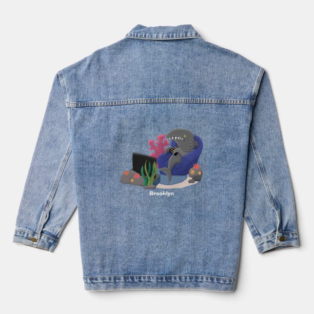 Funny shark watching TV cartoon Denim Jacket (Back)