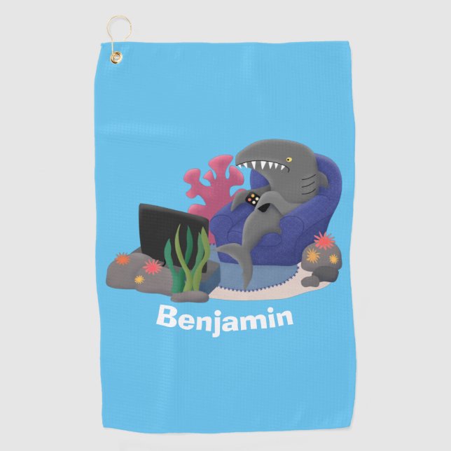 Funny shark watching TV cartoon Golf Towel (Front)