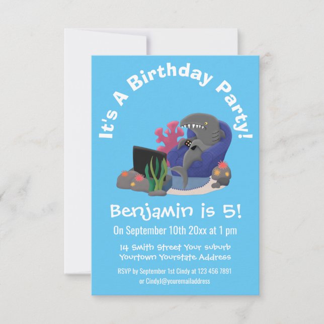 Funny shark watching TV cartoon Invitation (Front)