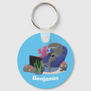 Funny shark watching TV cartoon Key Ring