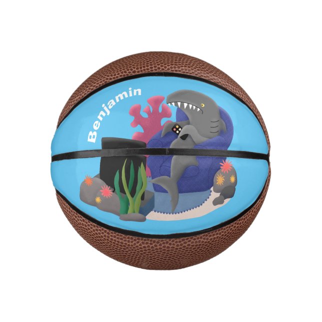 Funny shark watching TV cartoon Mini Basketball (Front)