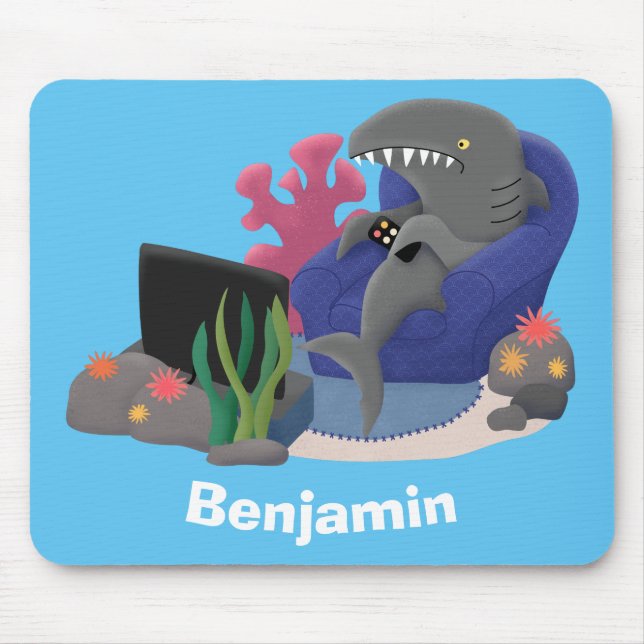 Funny shark watching TV cartoon Mouse Mat (Front)