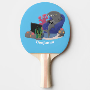Funny shark watching TV cartoon Ping Pong Paddle