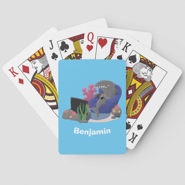 Funny shark watching TV cartoon Playing Cards (Back)