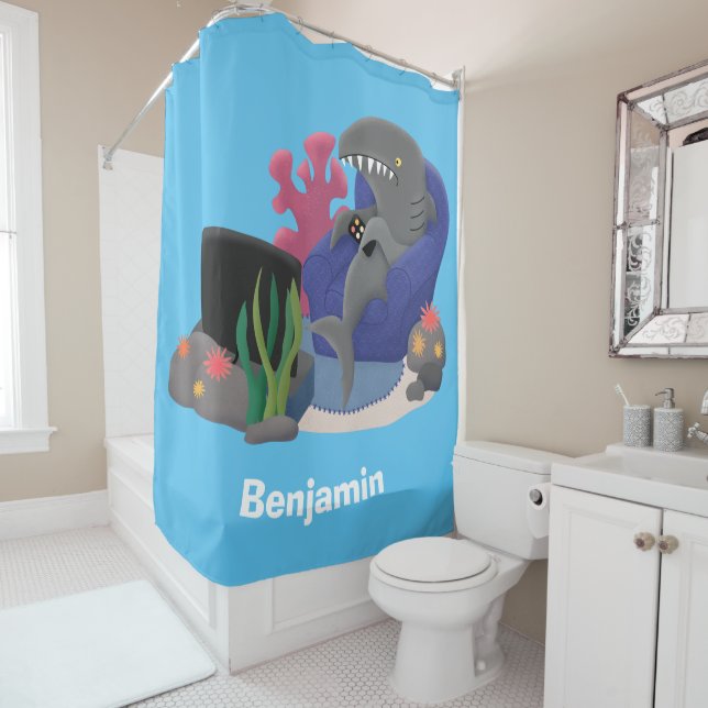Funny shark watching TV cartoon Shower Curtain (In Situ)