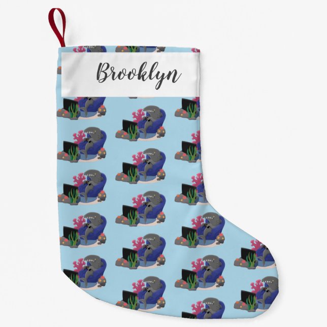 Funny shark watching TV cartoon Small Christmas Stocking (Front)