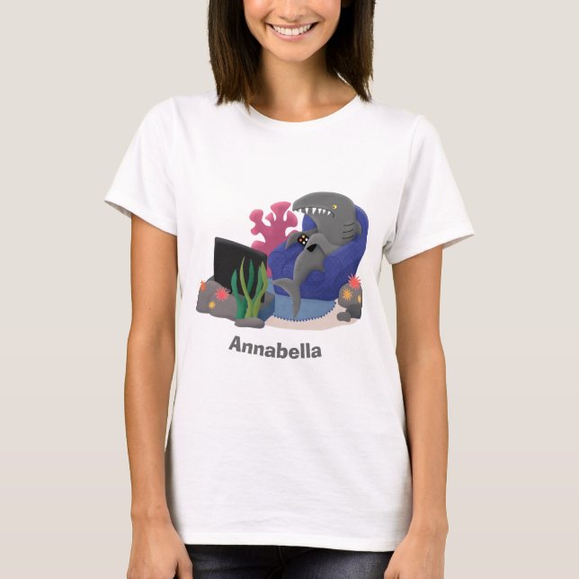 Funny shark watching TV cartoon T-Shirt (Front)