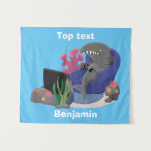 Funny shark watching TV cartoon  Tapestry