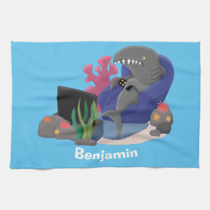 Funny shark watching TV cartoon Tea Towel