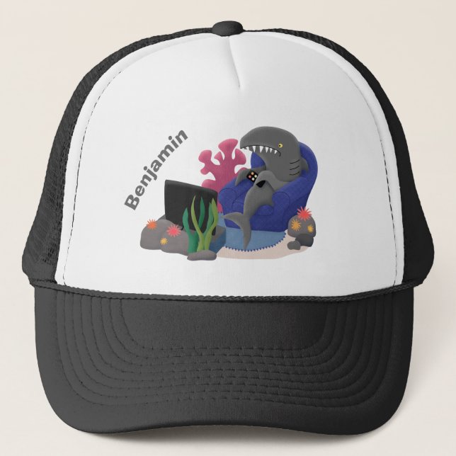Funny shark watching TV cartoon Trucker Hat (Front)