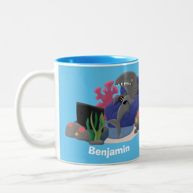 Funny shark watching TV cartoon Two-Tone Coffee Mug (Left)