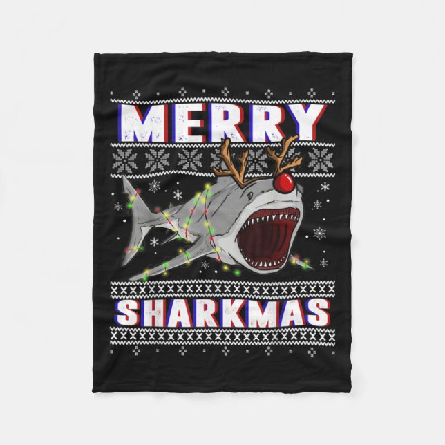 Funny Sharkmas Shark Ugly Christmas Sweaters  Fleece Blanket (Front)