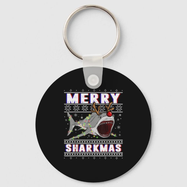 Funny Sharkmas Shark Ugly Christmas Sweaters  Key Ring (Front)