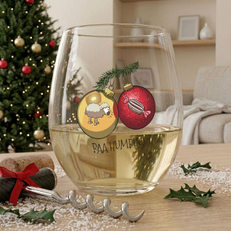 Funny Sheep Baa Humbug! Christmas Scrooge Cartoon Stemless Wine Glass