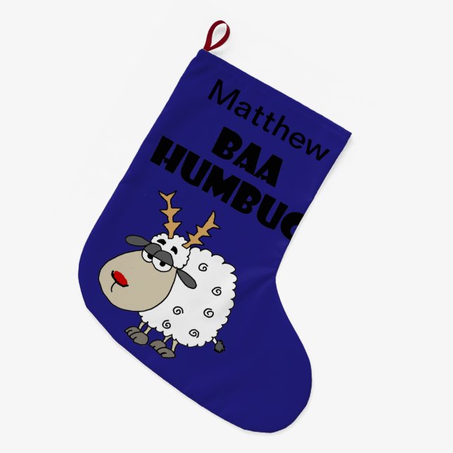 Funny Sheep Bah Humbug Christmas Pun Cartoon Large Christmas Stocking (Front (Hanging))