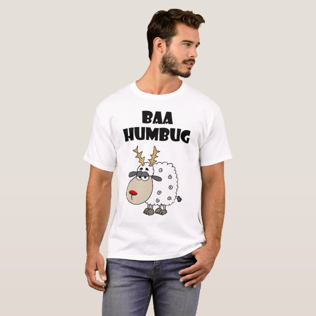 Funny Sheep Bah Humbug Christmas Pun Cartoon T-Shirt (Front Full)
