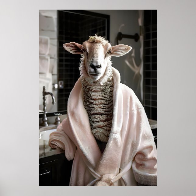 Funny Sheep in Bathrobe, Bathroom Wall Art, Cute Poster (Front)