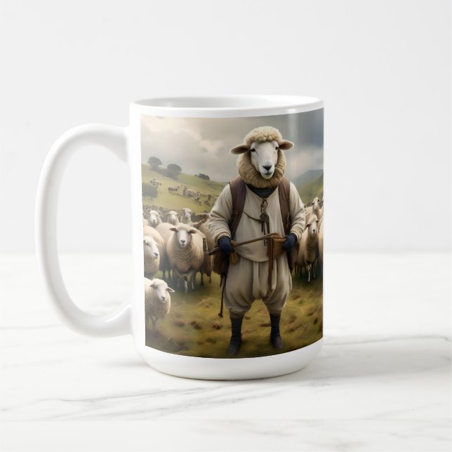 Funny Sheep Shepard With His Flock Of Sheep, Coffee Mug (Left)
