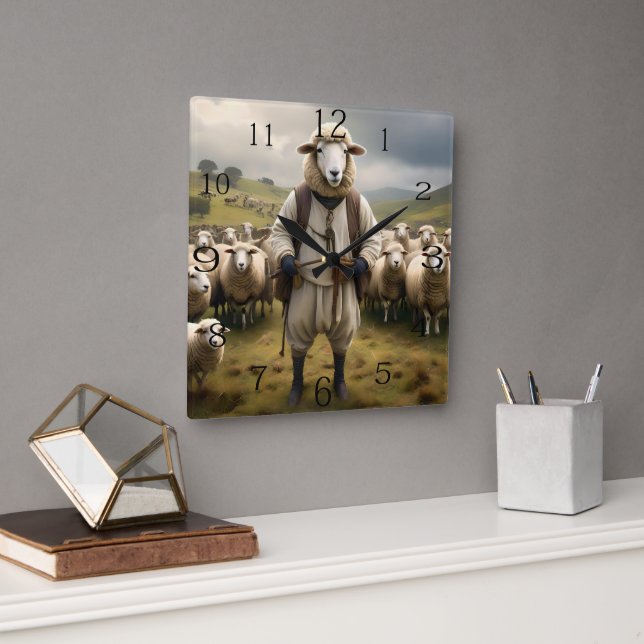 Funny Sheep Shepard With His Flock Of Sheep, Square Wall Clock (Office)