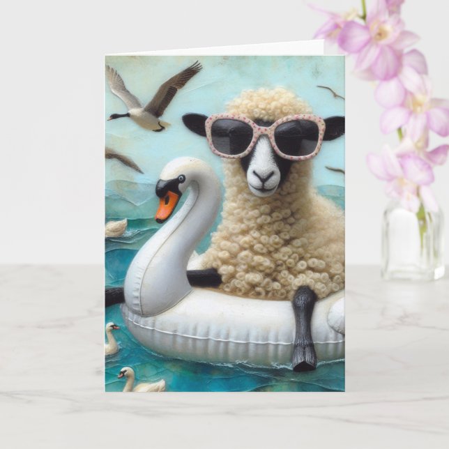 Funny Sheep Swan Float All Occasions  Card (Orchid)