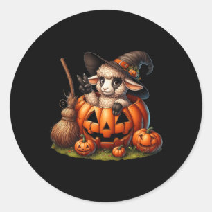 Funny Sheep Witch Pumpkin Halloween Mens Womens Ki Classic Round Sticker