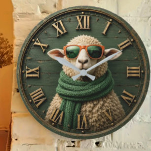 Funny Sheep with Sunglasses Farmhouse Rustic Count Large Clock