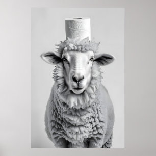 Funny Sheep with Toilet Paper Hat, Bathroom Art Poster