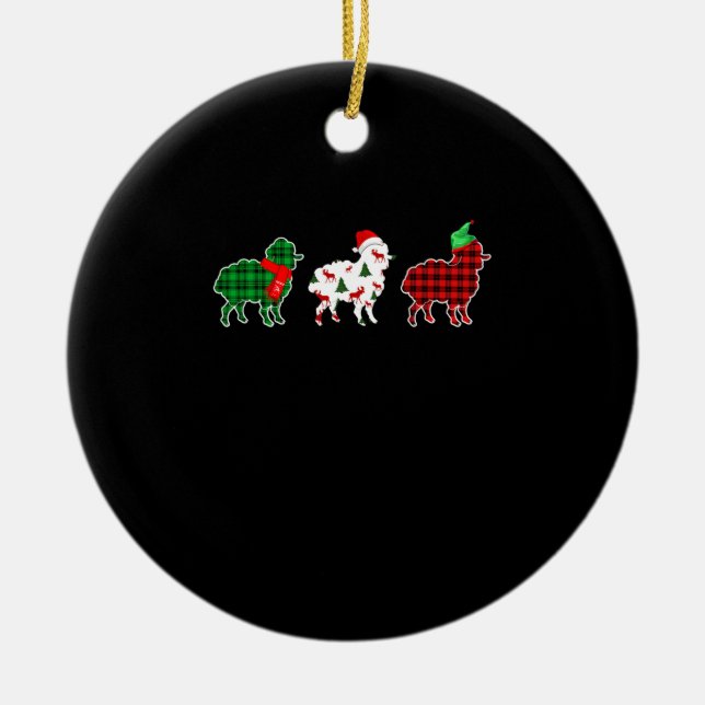 Funny Sheep Xmas Tree Lights | Red Plaid Gift Ceramic Tree Decoration (Front)