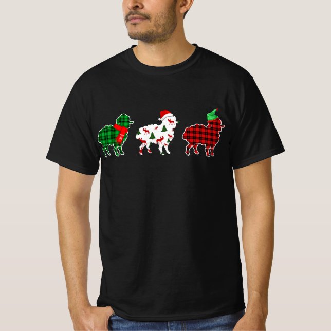 Funny Sheep Xmas Tree Lights | Red Plaid Gift T-Shirt (Front)