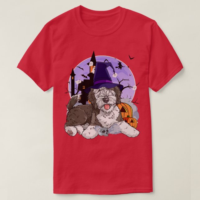 Funny Sheepadoodle Dog Halloween Witch Pumpkin  T-Shirt (Design Front)