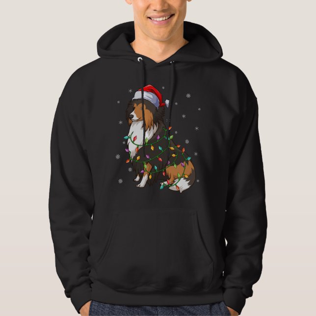 Funny Sheltie Dog Xmas Lighting Santa Hat Sheltie  Hoodie (Front)